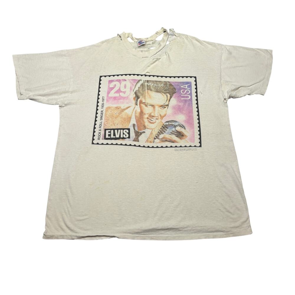 Vintage 90s Elvis Presley Postal Stamp Shirt Mens XXL Fun Tees Distressed Grunge